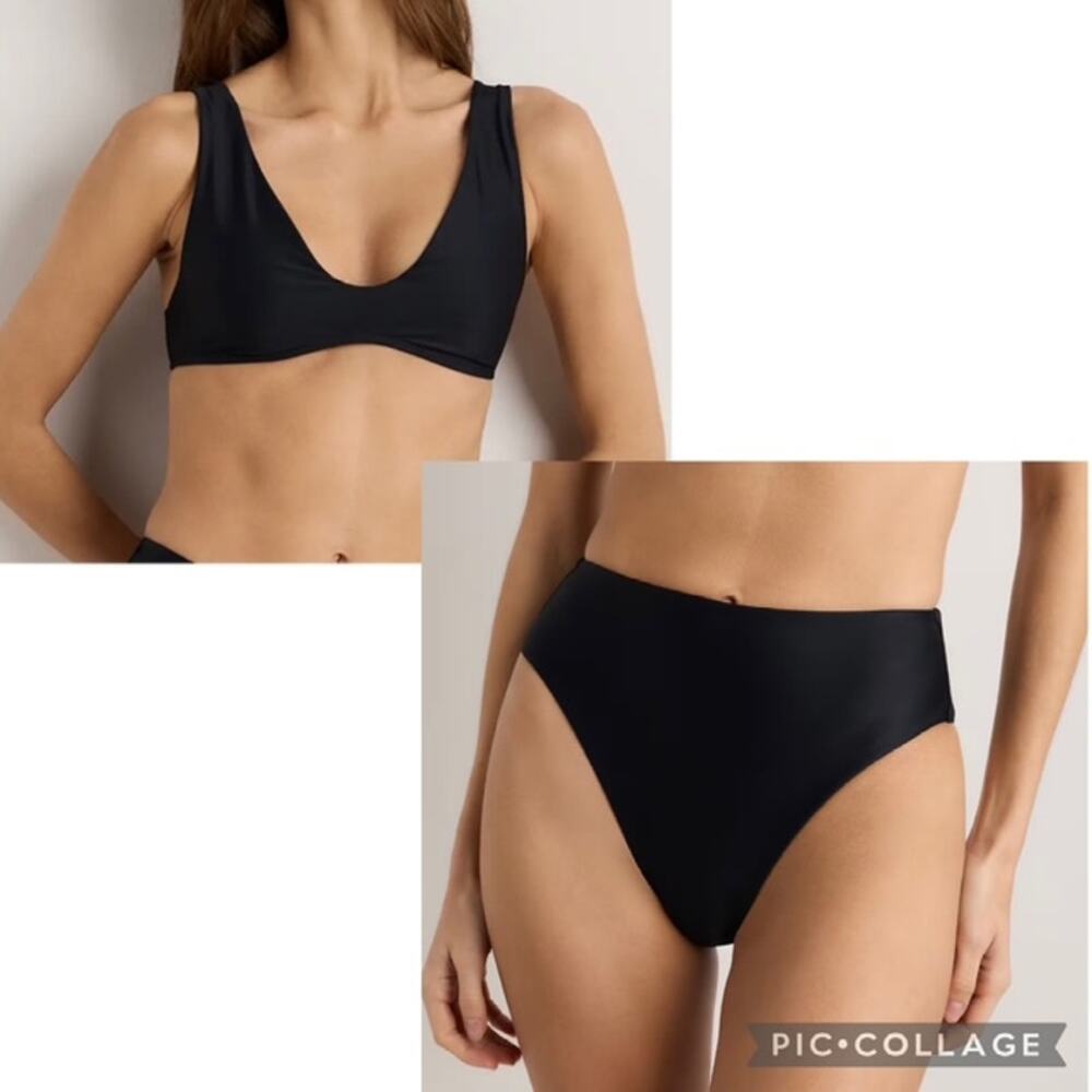 Quince NWT Italian Plunge Bikini Top and High-Rise High-Leg Bottoms Black Small